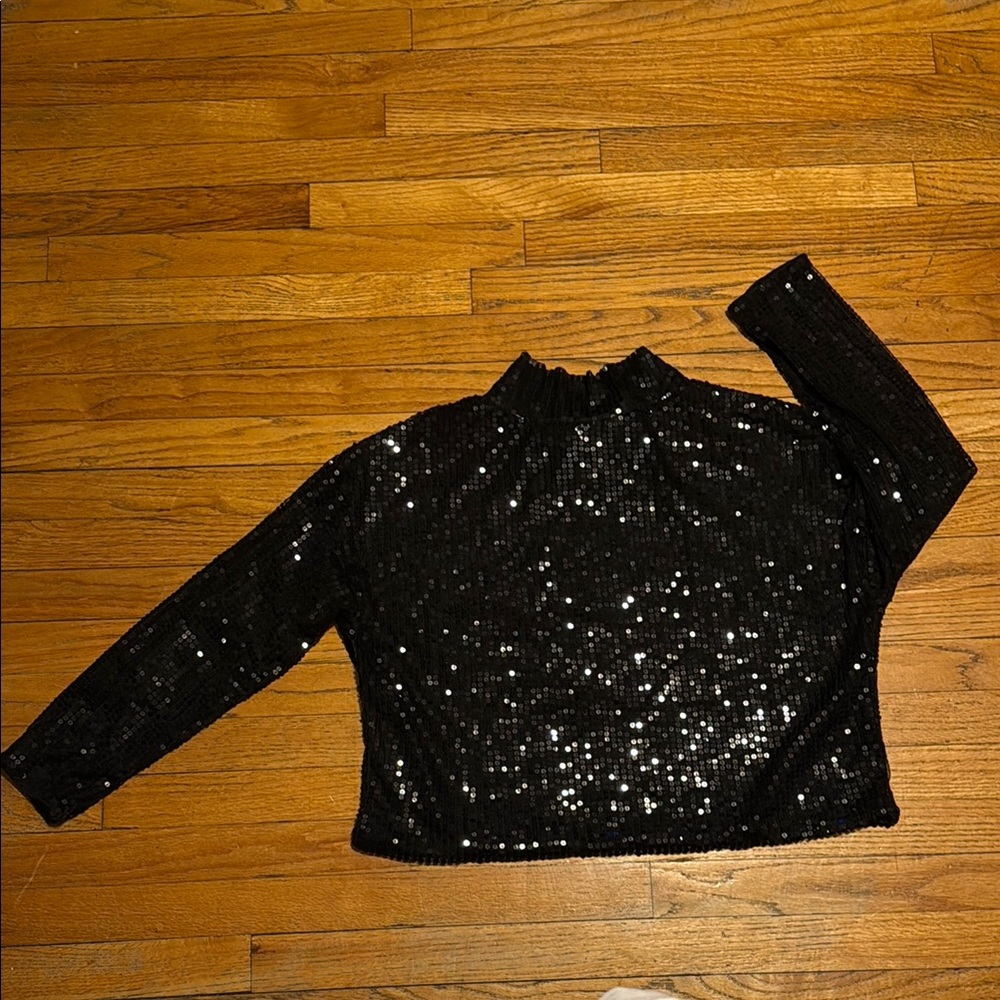 H&M Black Sequin Long Sleeve Blouse with Mock Turtleneck